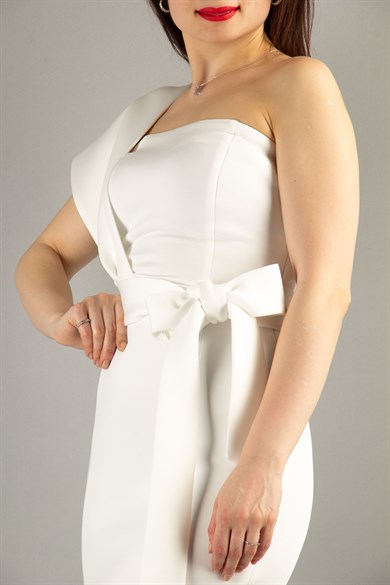 One Shoulder Scuba Dress With Matched Belt - White