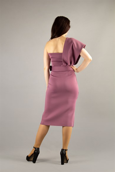 One Shoulder Scuba Dress With Matched Belt - Rusty Rose