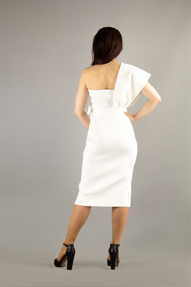 One Shoulder Scuba Dress With Matched Belt - White