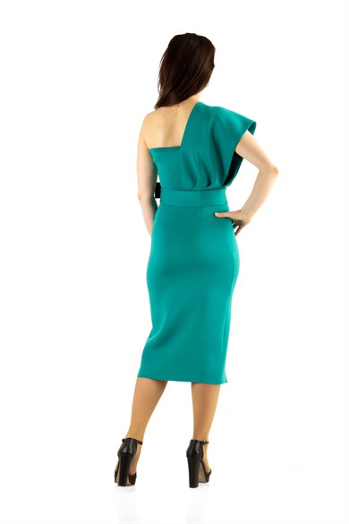 One Shoulder Scuba Dress With Matched Belt - Benetton Green