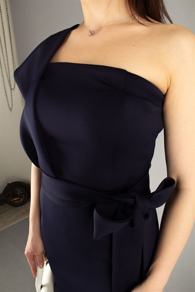 One Shoulder Scuba Dress With Matched Belt - Navy Blue