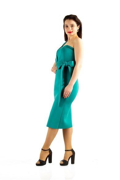 One Shoulder Scuba Dress With Matched Belt - Benetton Green