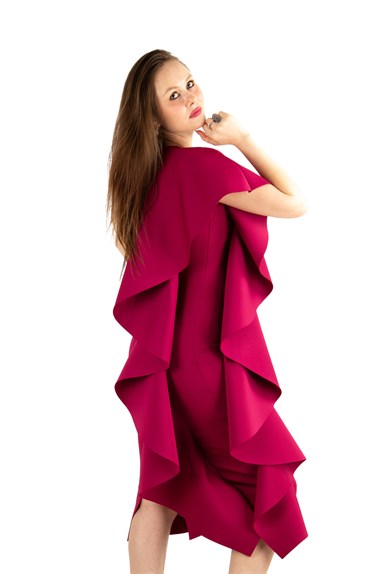 One Sleeve Frill Scuba Midi Dress