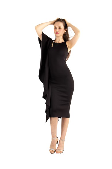 One Sleeve Frill Scuba Midi Dress - Black