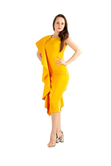 One Sleeve Frill Scuba Midi Dress - Mustard
