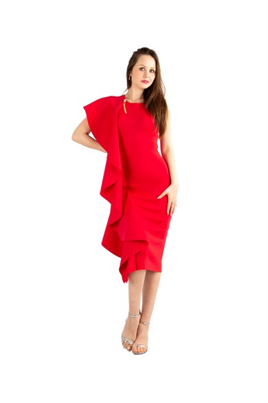 One Sleeve Frill Scuba Midi Dress - Red
