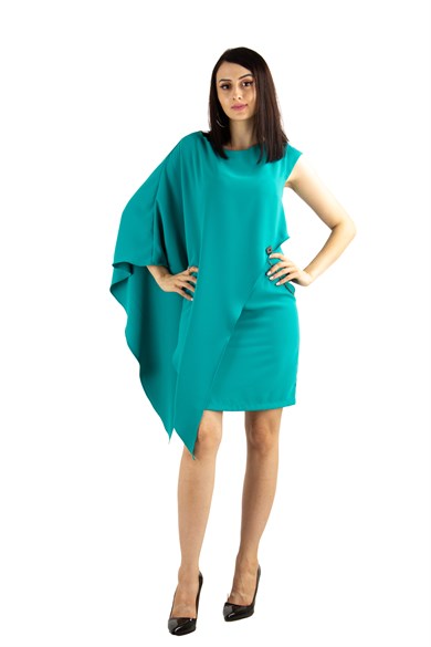 One Soulder Draped Big Size Dress With Chain - Benetton Green