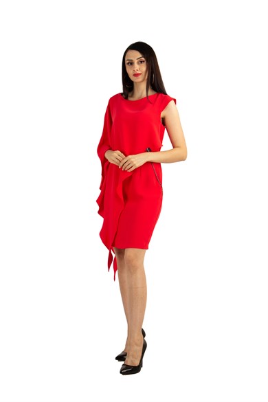 One Soulder Draped Big Size Dress With Chain - Red