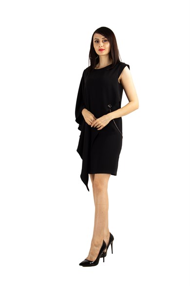 One Soulder Draped Dress With Chain - Black