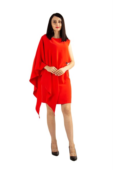 One Soulder Draped Dress With Chain - Orange