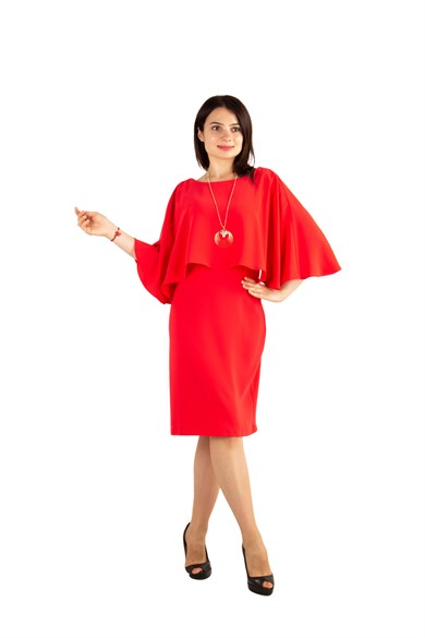 Open Back Dress With Cape - Red