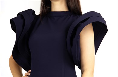 Open Back High Round Sleeves Big Size Dress - Navy Blue
