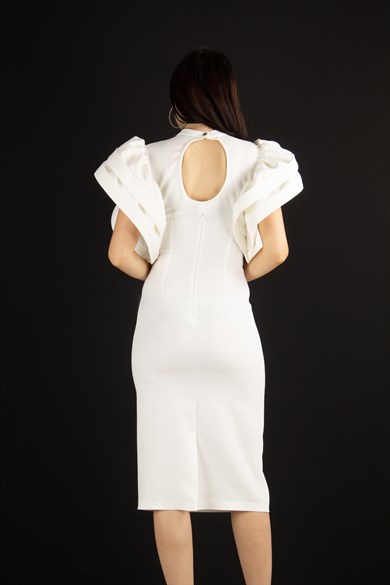 Open Back High Round Sleeves Big Size Dress - White