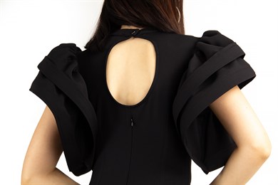 Open Back High Round Sleeves Big Size Dress - Black