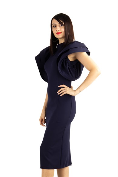 Open Back High Round Sleeves Big Size Dress - Navy Blue