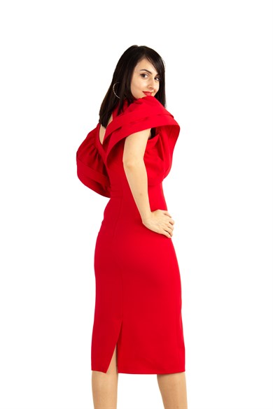 Open Back High Round Sleeves Big Size Dress - Red