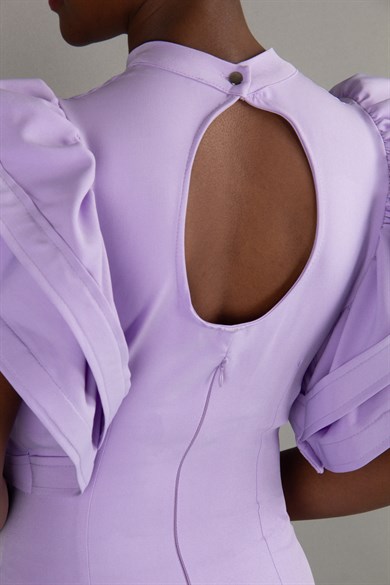 Open Back High Round Sleeves Big Size Dress - Lilac