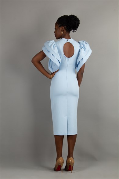 Open Back High Round Sleeves Big Size Dress - Baby Blue