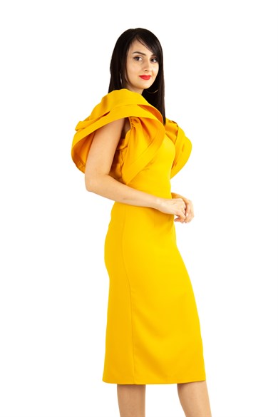 Open Back High Round Sleeves Big Size Dress - Mustard