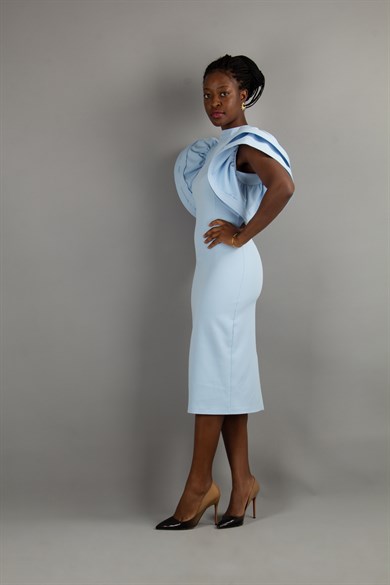 Open Back High Round Sleeves Dress - Baby Blue