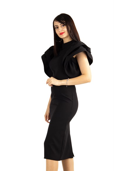 Open Back High Round Sleeves Dress - Black