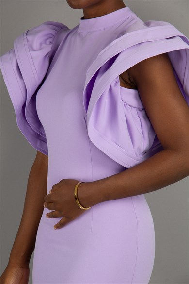 Open Back High Round Sleeves Dress - Lilac