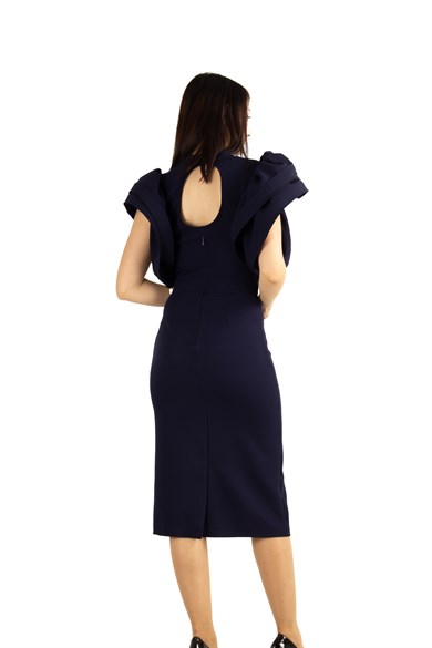 Open Back High Round Sleeves Dress - Navy Blue