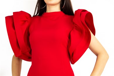 Open Back High Round Sleeves Dress - Red
