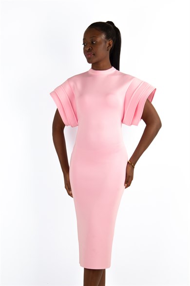 Open Back High Round Sleeves Scuba Dress - Pink