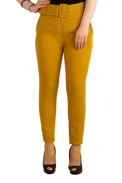 Pants With Matching Belt Casual Formal Office Trousers For Ladies - Mustard