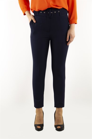 Pants With Matching Belt Casual Formal Office Trousers For Ladies - Navy Blue