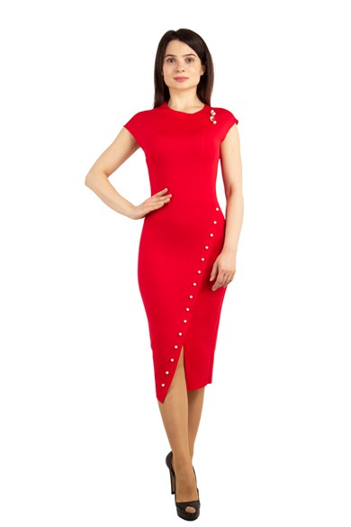 Pear Detailed Pencil Scuba Dress - Red