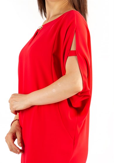 Pearl Brooch Detailed Cold Shoulder Big Size Dress - Red