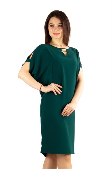 Pearl Brooch Detailed Cold Shoulder Big Size Dress - Emerald Green
