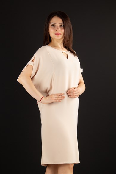 Pearl Brooch Detailed Cold Shoulder Big Size Dress - Beige
