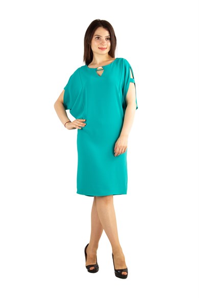 Pearl Brooch Detailed Cold Shoulder Big Size Dress - Benetton Green
