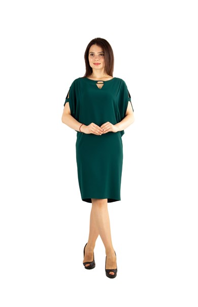 Pearl Brooch Detailed Cold Shoulder Big Size Dress - Emerald Green