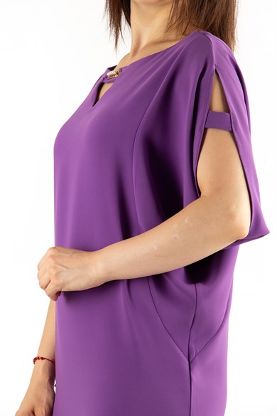 Pearl Brooch Detailed Cold Shoulder Big Size Dress