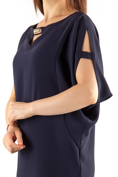 Pearl Brooch Detailed Cold Shoulder Big Size Dress - Navy Blue