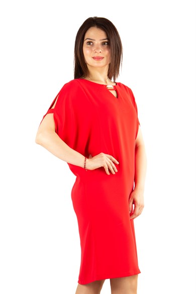 Pearl Brooch Detailed Cold Shoulder Big Size Dress - Red