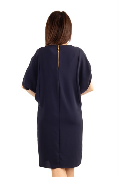 Pearl Brooch Detailed Cold Shoulder Dress - Navy Blue