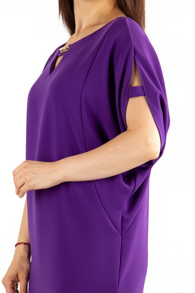 Pearl Brooch Detailed Cold Shoulder Dress - Violet