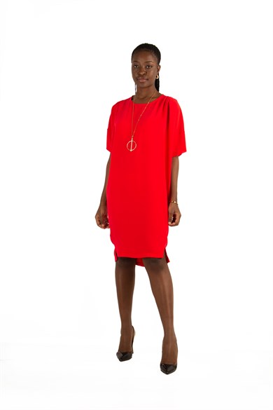 Plain Elegant Midi Short Sleeve Big Size Dress - Red
