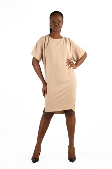 Plain Elegant Midi Short Sleeve Big Size Dress - Beige