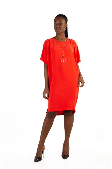 Plain Elegant Midi Short Sleeve Big Size Dress - Orange