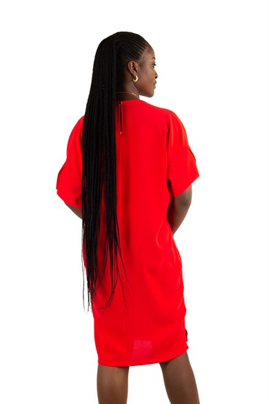Plain Elegant Midi Short Sleeve Dress - Red