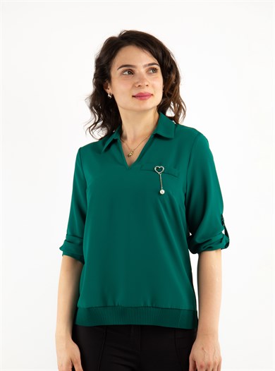 Pleat Bant Detail Plus Size Blouse - Emerald Green