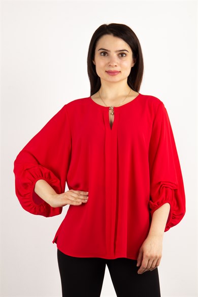 Pleat Detaİl on Sleeve Crew Neck Big Size Blouse - Red