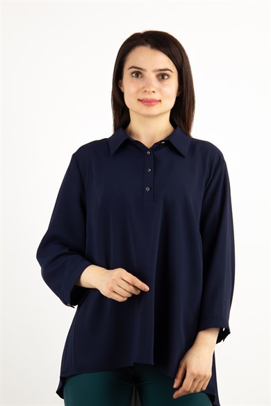 Pleated Back Big Size Shirt - Navy Blue