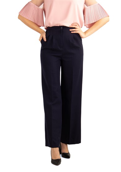 Pleated Classic Wide Leg Trouser - Navy Blue